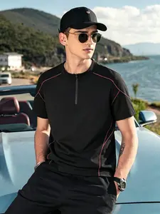 Men's Half-Zip Short Sleeve T-Shirt, Fashion Contrast Color Lines Stand Collar, Summer Casual Street Style Loose Fit Top