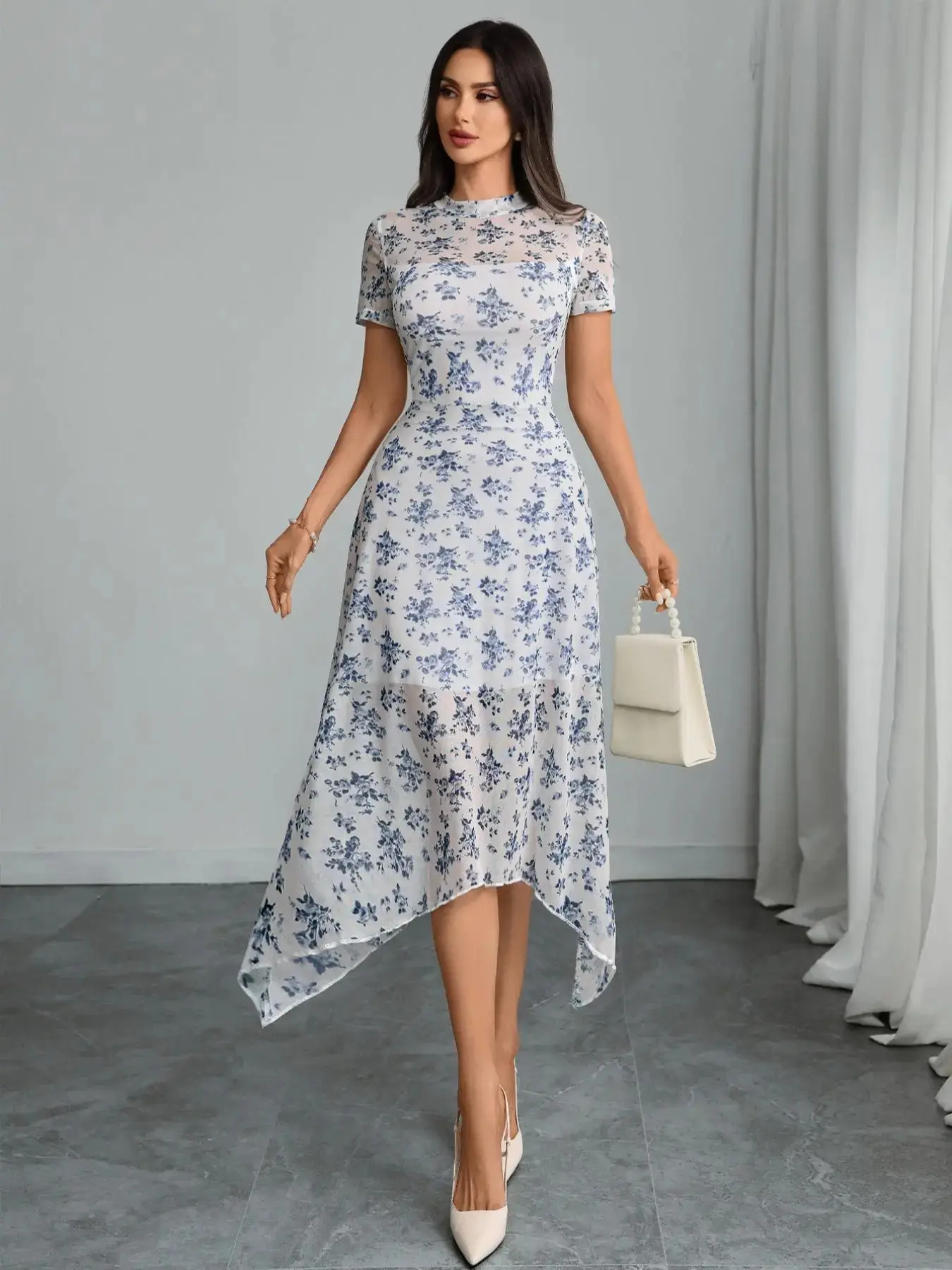 Women's Floral Rose Print Contrast Mesh Dress, Casual Fitted Lettuce Trim Asymmetrical Hem A-Line Dress for Summer Beach and Holiday, Ladies Clothes for All Seasons, Womenswear
