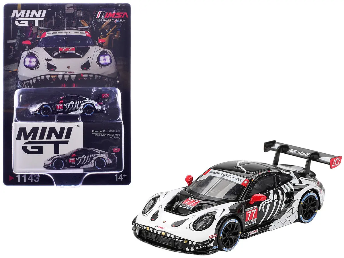 Mini GT 1:64 Porsche 911 GT3 R #77 "Rexy" AO Racing Skeleton livery diecast model
