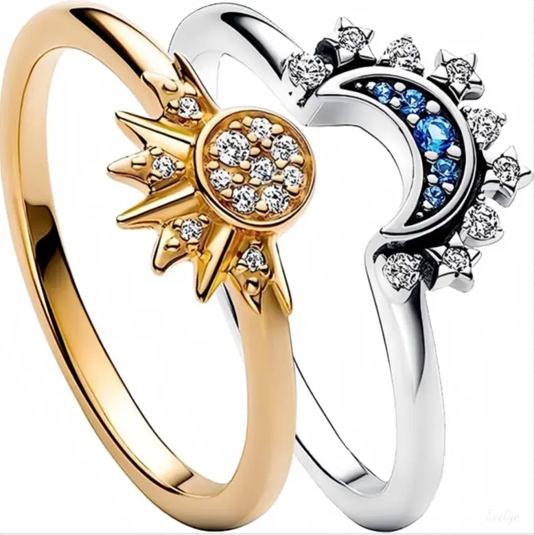 Dainty Stackable Ring Set, Celestial Sun & Moon Layered Bands in Gold or Silver Tone with Sparkling CZ for Women, Layered Rings, Celestial Theme, Everyday Wear, Lightweight Polish, Cubic Zirconia Rings, Dainty Stacking Rings