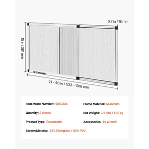 VEVOR Adjustable Window Screen, 15 Hx 21 - 40 W, 2 Packs Expandable Windows Screens with Aluminum Frame and Durable Mesh, Horizontal or Convert to Vertical Adjustable Installation, for Home House