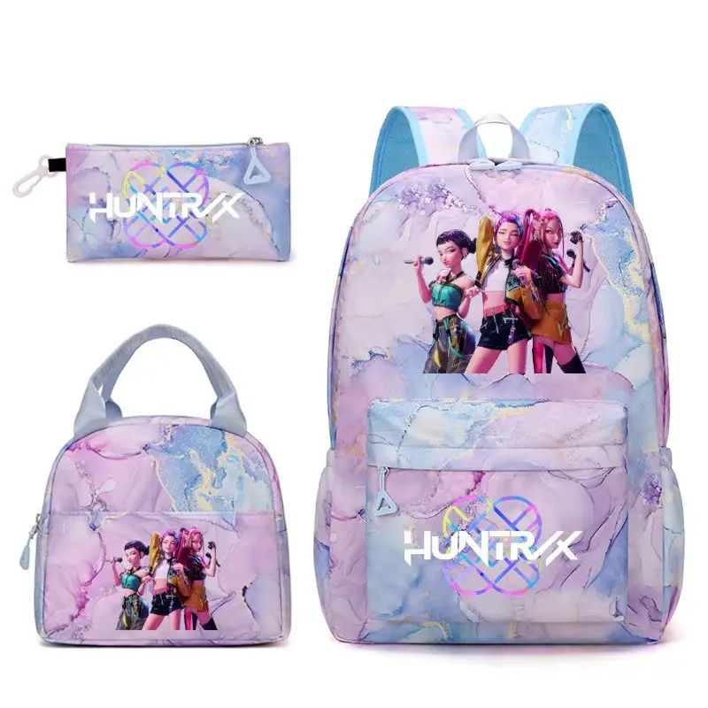 3Pcs Huntrix K-Pop Demon Hunters Backpack Set for Girls, Marble Gradient Print School Bookbag, Kids Daypack with Lunch Bag Pencil Case, Student Back To School Gift