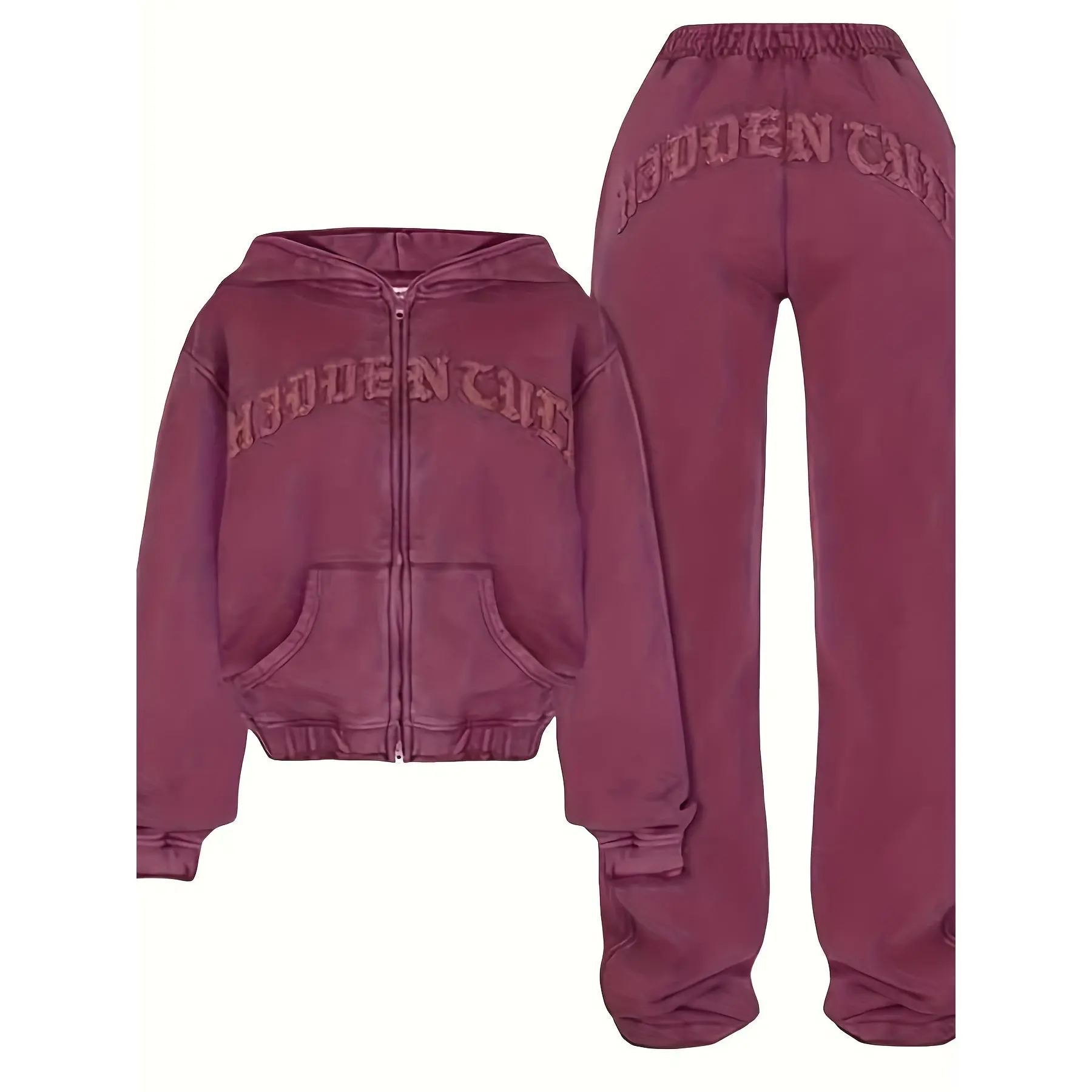 Women's 2-Piece Fashionable Sports Suit - Hoodie Sweatpants Set, Activewear Workout Set, Athleisure Gym Clothes, Comfy Pants Tracksuit with Full-Zip Hoodie, Slim-Fit Pants, Adjustable Design, Letter Print, Pants Tracksuit Set