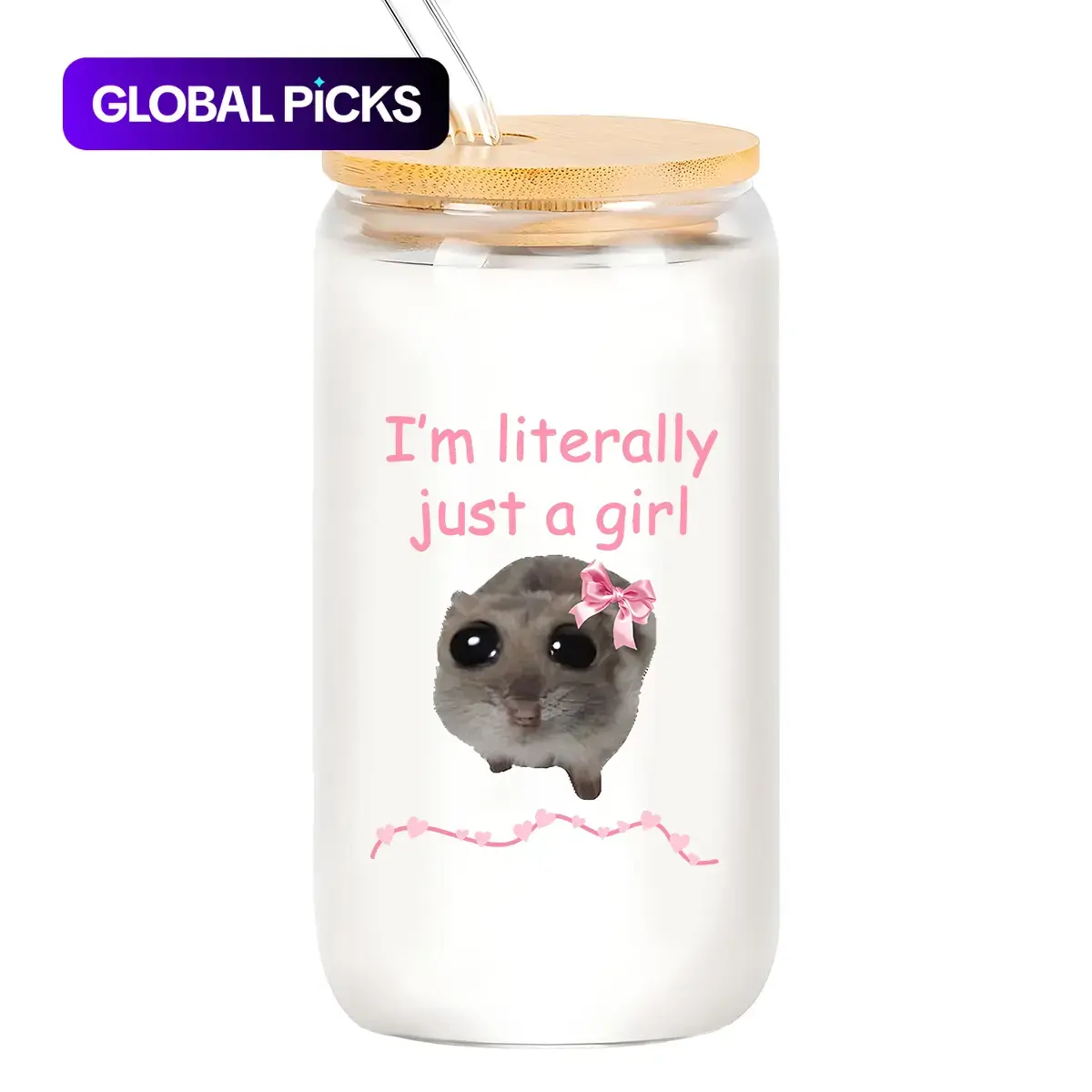 Cute Hamster Pattern Glass Cup with Straw & Brush, 1 Count Portable Modern Drinking Cup for Home, School, Dormitory & Picnic, Clear Water Tumbler Drinkware #GLOBAL PICKS