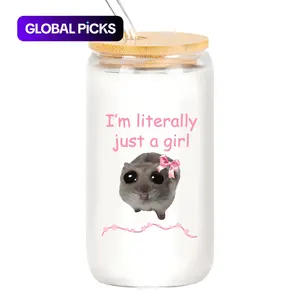 Cute Hamster Pattern Glass Cup with Straw & Brush, 1 Count Portable Modern Glass Cup, Drinking Cup for Home School Dormitory Office Picnic, Clear Water Tumblers #GLOBAL PICKS