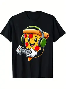 Funny Gamer Pizza Game Food Lovers Play Video Game T-shirt Summer Comfort Casual Short Sleeve T-shirt for Men Women Teens