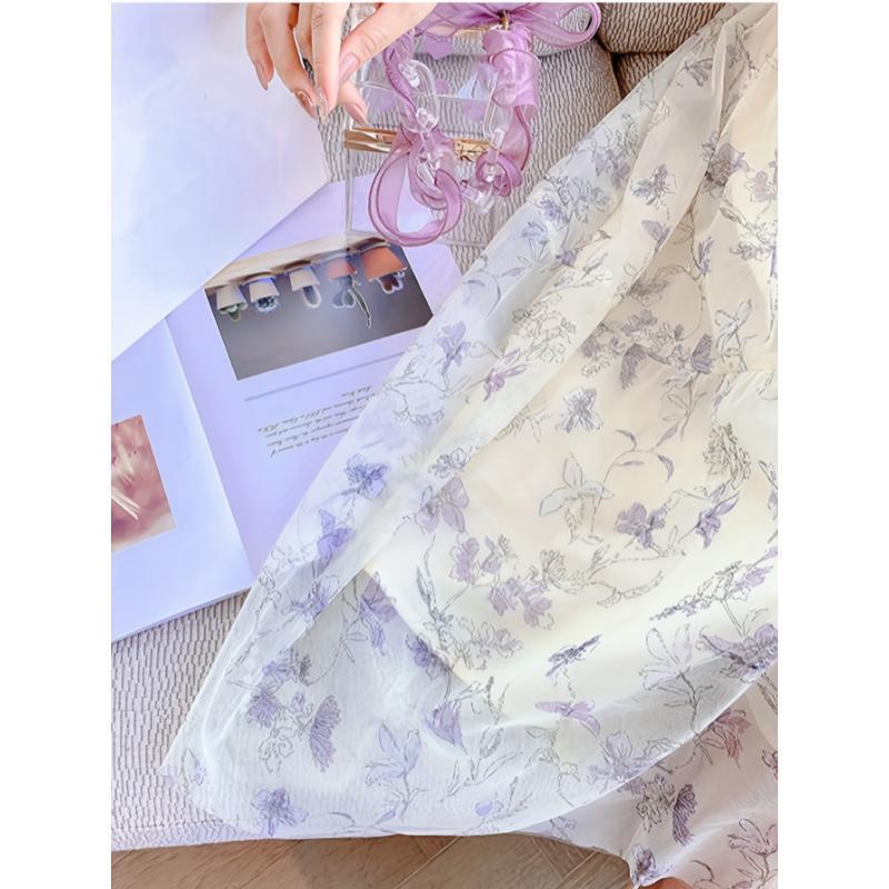 Women'S Mid Length Floral Dress With Fashionable Waist, Slim Square Collar, Cute Bubble Sleeves, High Waisted Skirt For Spring And Summer Fit White summer outfits sundress prom dress Polyester Fabric Casual Womenswear Shortsleeve