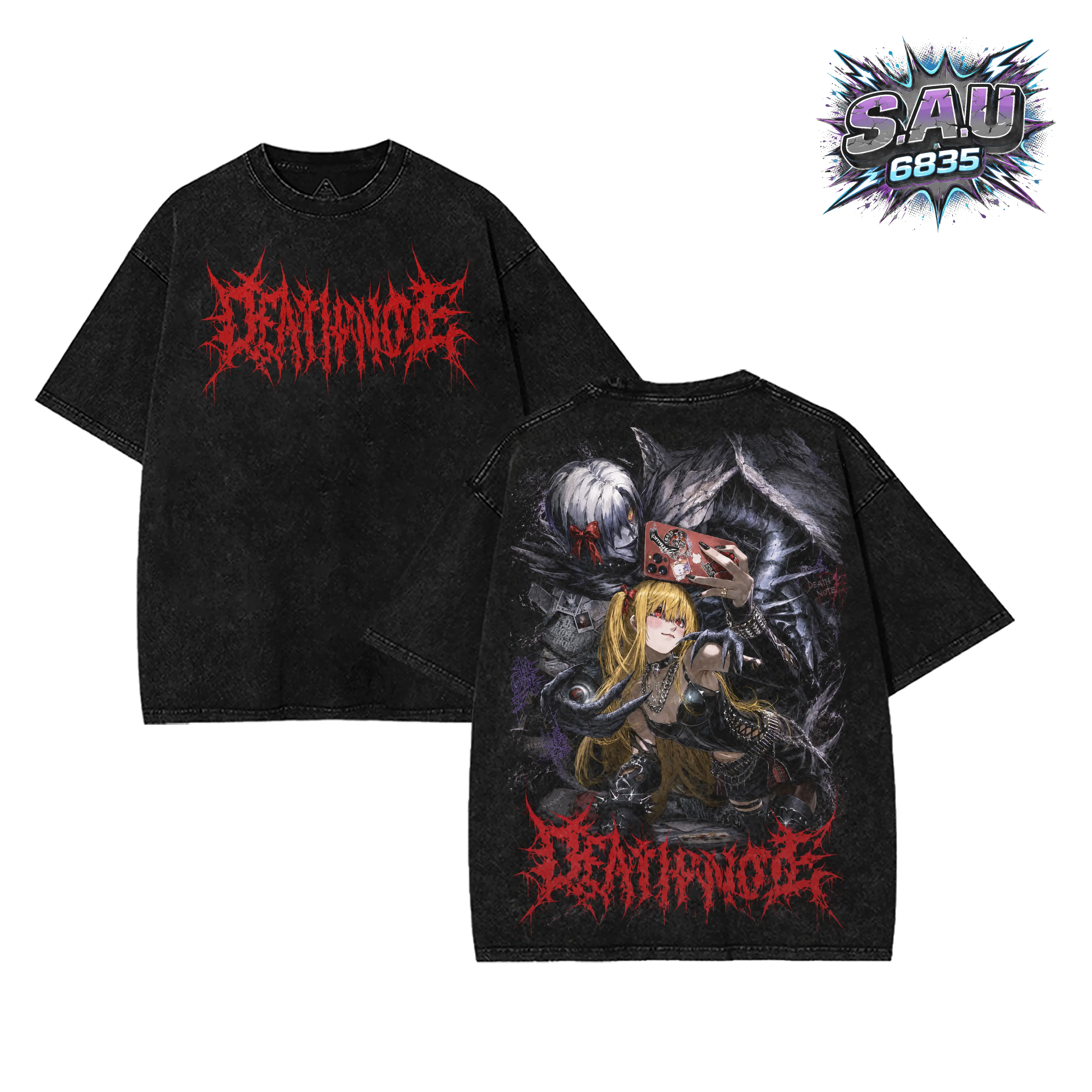 Gothic Dark Death Note Misa Amane & Ryuk Vintage Graphic Washed Tee & Hoodie, Heavyweight Cotton Anime Graphic Shirt, Retro Streetwear, Y2K Grunge Aesthetic