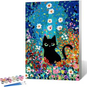 Paint by Numbers Kit for Adults Beginner & Kids Ages 8-12 with Wooden Frame, Easy Acrylic on Canvas 8x12 inch with Paints and Brushes, Flowers Cat for Gift Home Wall Decor