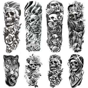 Halloween Temporary Tattoos 4-Sheet Skull Full Sleeve Tattoos and 4-Sheet Fake Skull Half Arm Tattoo Stickers