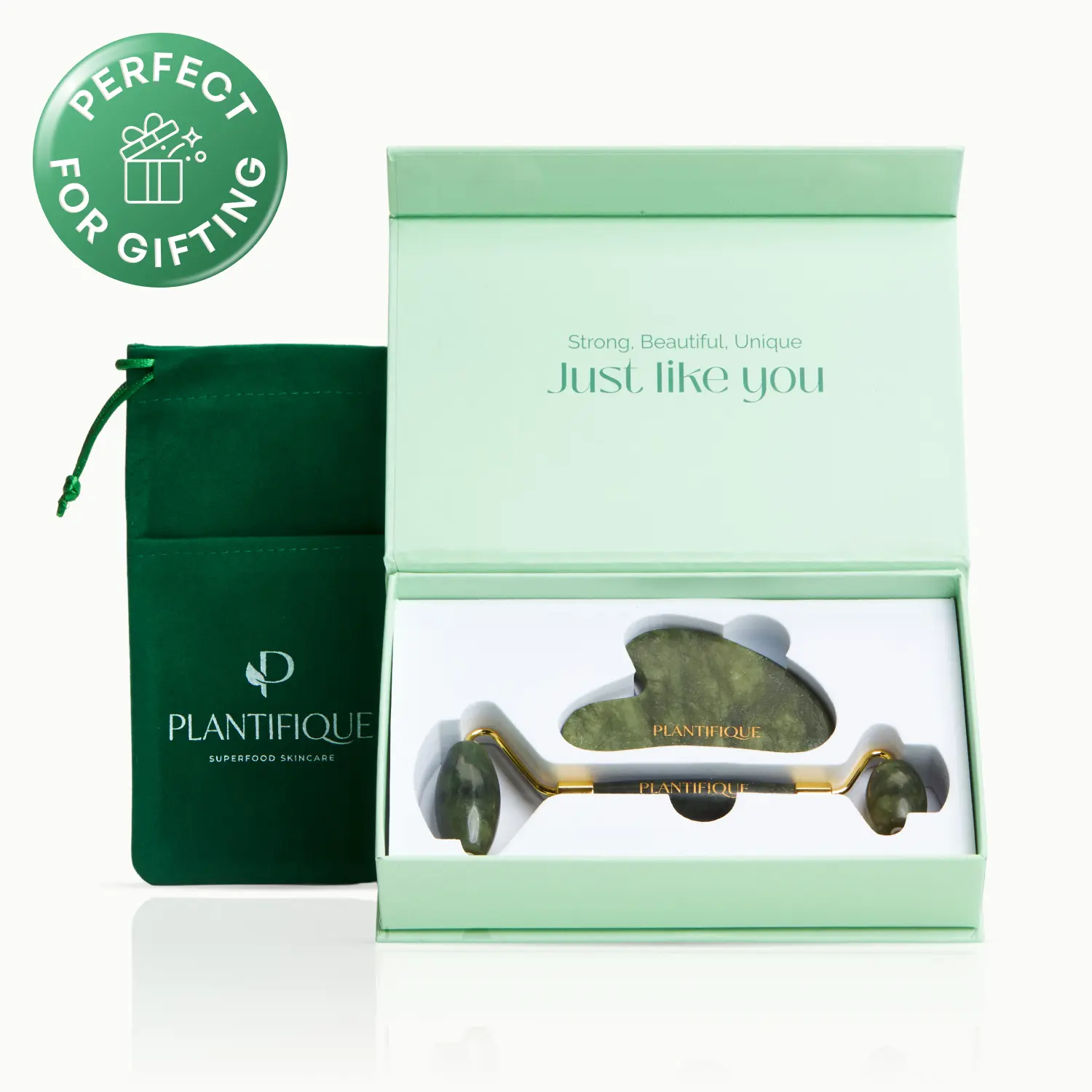 [PLANTIFIQUE Official Shop] Solid Natural Jade Face Lifting Roller & Gua Sha Self-Care Tool Gift Set for Adults - Reduces Puffiness, Sculpts Jawline, Anti-Wrinkle, Fades Dark Circles, Evens Tone & Texture, Fits All Skin Types, With Storage Pouch
