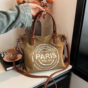 Vintage Paris Canvas Tote Bag, Spacious Travel Shoulder Bag with Back Pocket