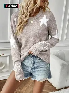 Women's Star Print Drop Shoulder Sweater Pullover, Casual Fitted Long Sleeve Round Neck Jumper for Fall & Winter, Fashion Ladies' Knitwear for Daily Wear, Tops, Everyday, Knitting, Womenswear