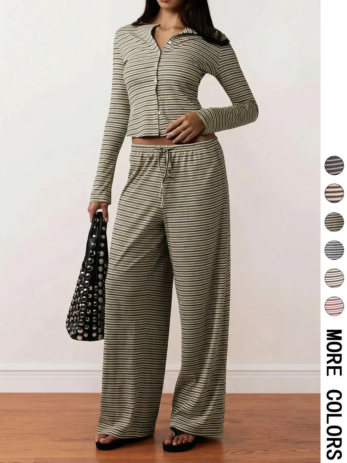 Women's Loose-Fit Knitted Buttoned Ribbed Long Sleeve Top & Striped Wide-Leg Pants Set, Casual Cozy Lounge Set, All-Season Comfortable Casual Womenswear Outfits for Women