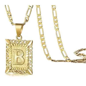 Men Women Initial Letter Pendant Necklace, 18K Gold Plated Square Capital Interwoven Letter Necklace, A-Z Figaro Chain
