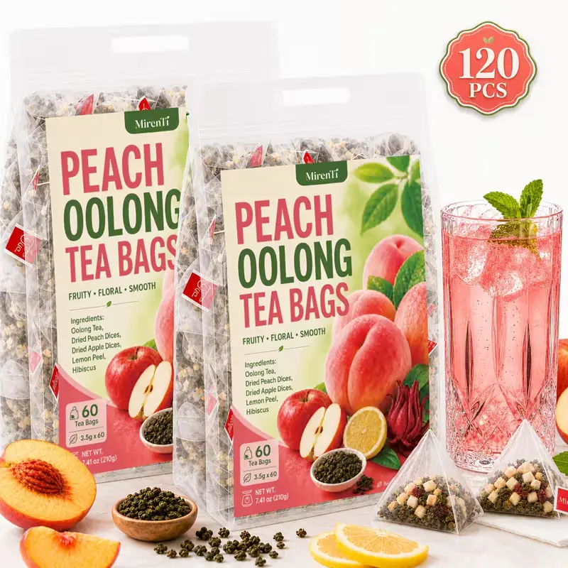 60/120 Peach Oolong Tea Bags, Fruity Tea Blend with Peach Pieces, Apple, Lemon Peel and Hibiscus, Floral Hot or Iced Brew for Daily Tea, Parties and Holiday Gifts
