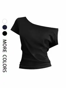 Women's Casual Loose Fit Asymmetrical Neckline T-Shirt, Solid Breathable Soft Fabric, Perfect for Daily Wear, Simple Fashion Style