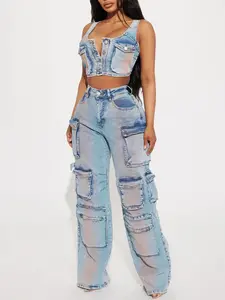 Losing Time Cargo Pant Set - Acid Wash Denim