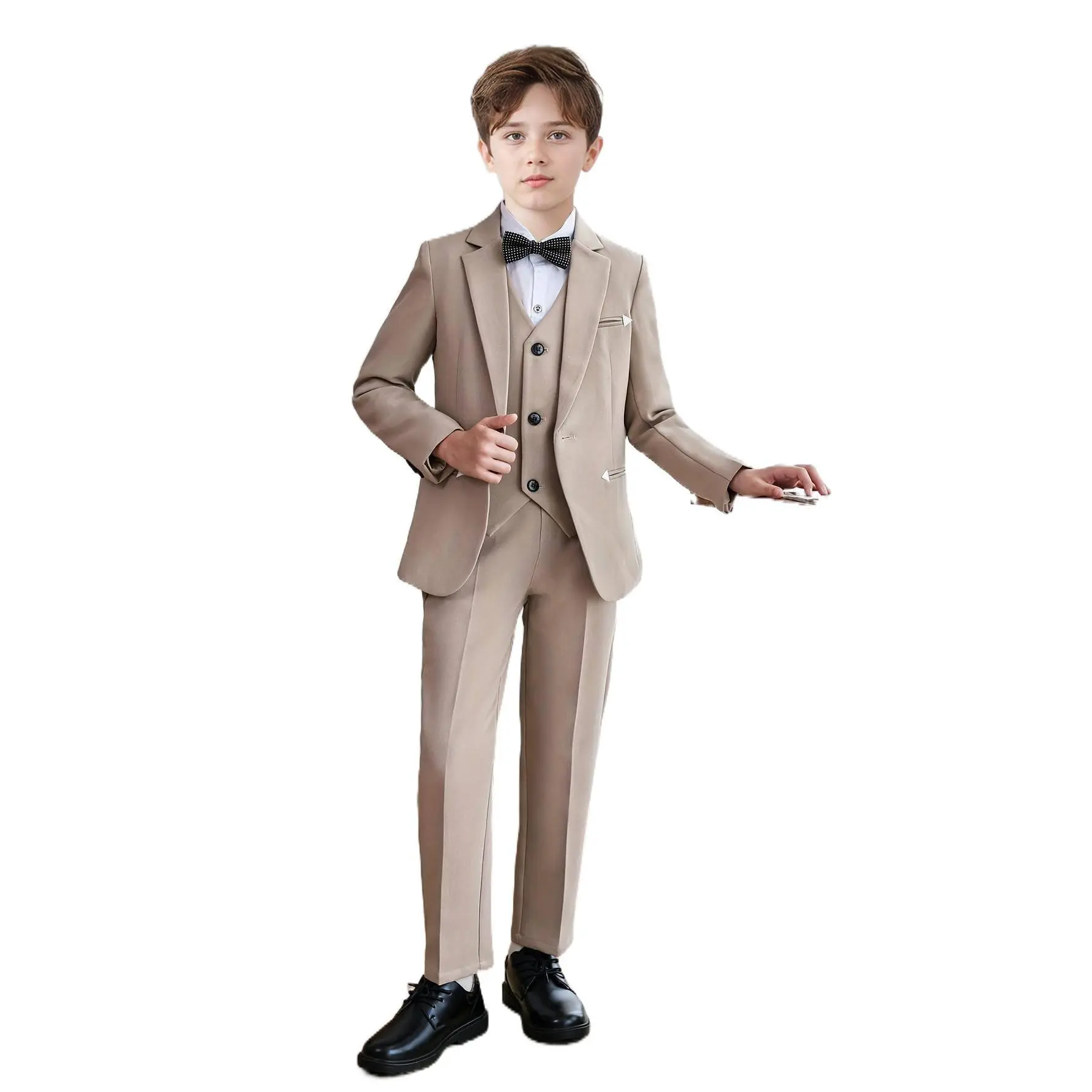 Boys' 4-Piece Formal Suit Set - Long Sleeve, Regular Fit, Woven Polyester Fabric, Includes Jacket, Vest, Straight Pants & Bow Tie for Weddings, Parties (14-15y), Woven Fabric