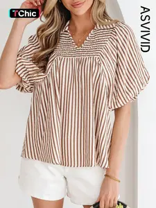 Women's Casual Striped Shirred V-Neck Short Puff Sleeves Blouse, Short Sleeve Shirt, Perfect for Daily Wear