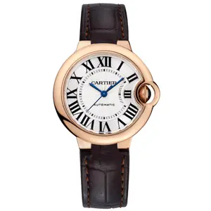 Cartier Ballon Bleu 33mm W6920069 Automatic 18K Rose Gold Silver Roman Dial Leather Strap Ladies Watch WHP040214