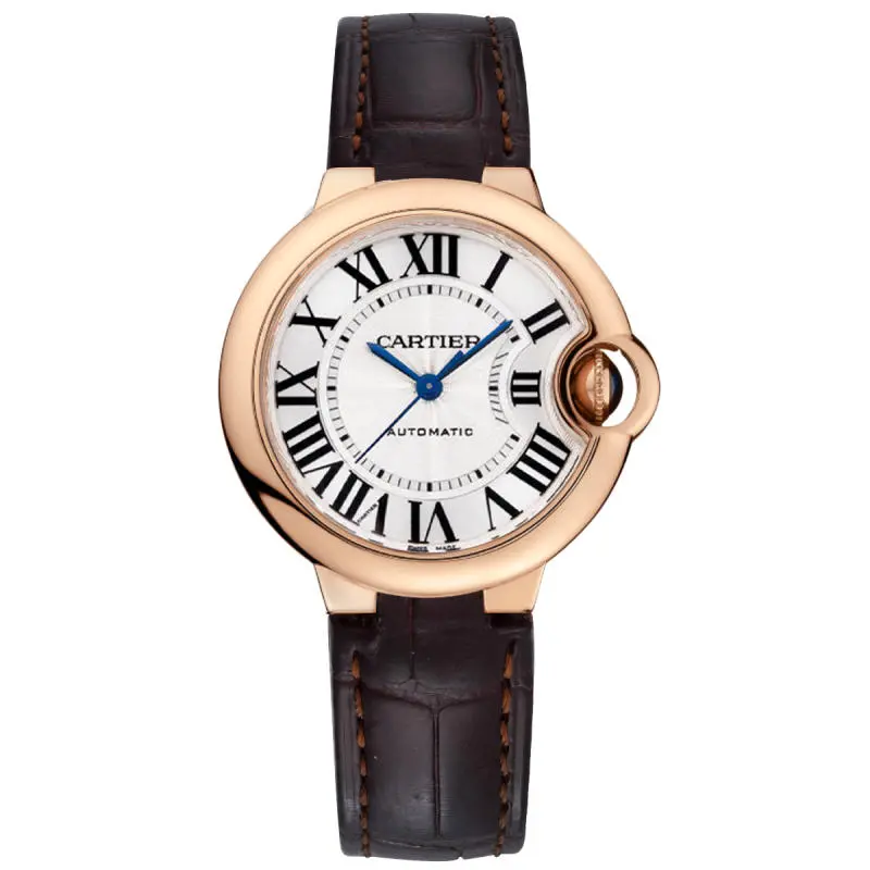 Cartier Ballon Bleu 33mm W6920069 Automatic 18K Rose Gold Silver Roman Dial Leather Strap Ladies Watch WHP040214
