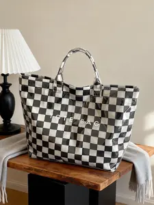 Simple and stylish large-capacity classic tote bag with plaid pattern, women's daily easy-to-match crossbody bag, suitable for dating, shopping, commuting, and beach use.