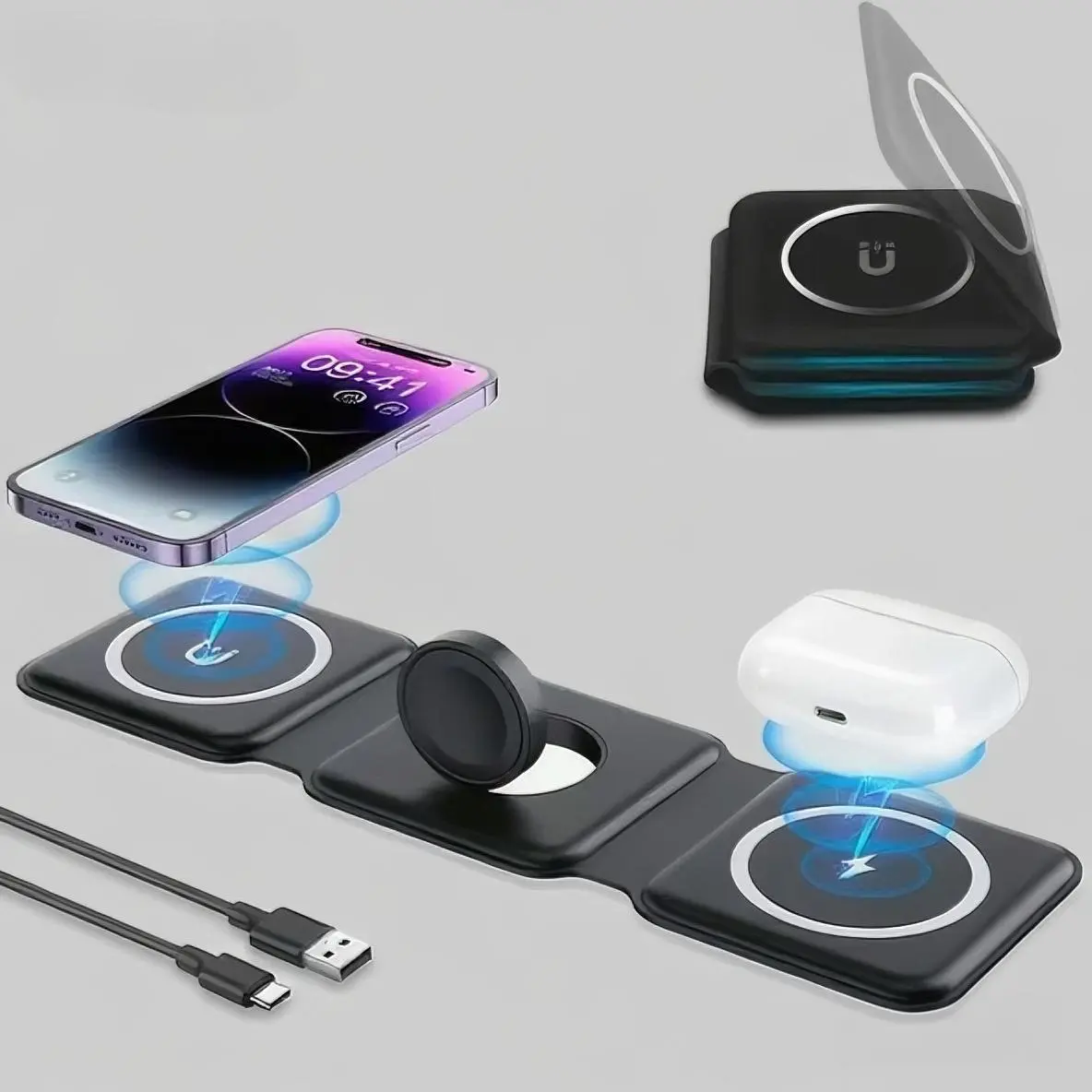 3-in-1 Wireless Magnetic Charger for Mobile Devices - Foldable Charging Station with Portable Storage Box Design, Ideal for Travel Use