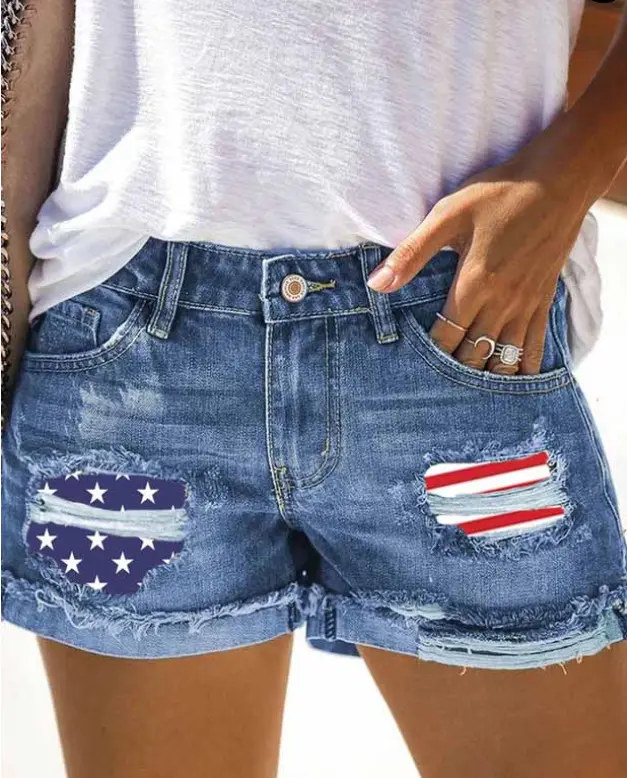 Women's Independence Day Limited Edition Retro Preppy Street Style Slim Fit Cropped Denim Shorts - Starry Flag Button Patchwork, Vintage Distressed Frayed Hem, Zippered, Tassel Accent, Light Breathable Polyester Denim Fabric, Everyday Wear, Beach
