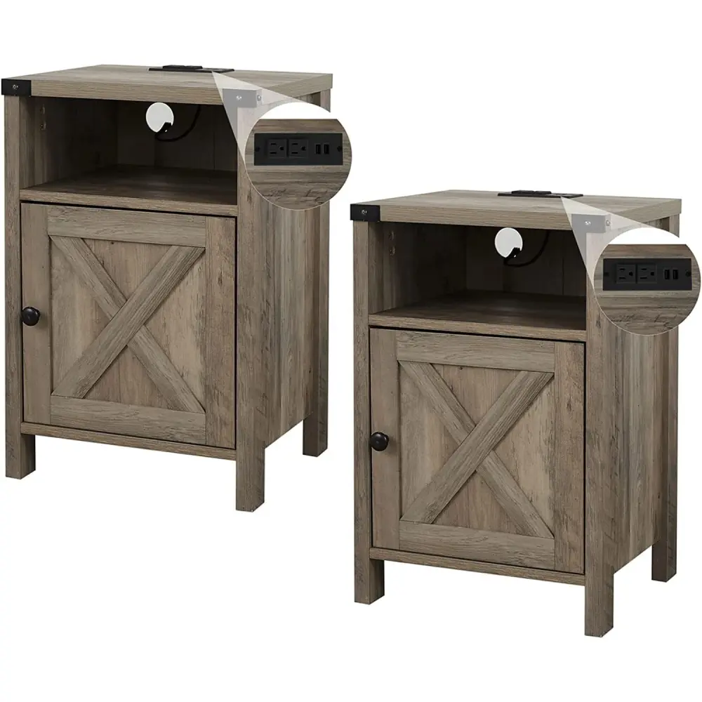 [tiktokshopbacktoschool] Vabches Set of 2 Farmhouse Nightstands - Rustic Bedside End Tables with Charging Station, Barn Door, Shelf, Storage for Books/Magazines, Decor-Friendly Matching Indoor Furniture