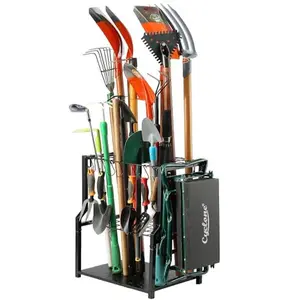 Heavy Duty Garden Tool Organizer - Yard Tool Tower Rack, Garage Storage Organization for Long Handle Tools, Rakes, Brooms, Extra Hooks for Small Shovel, Shear - All Metal, Free Standing