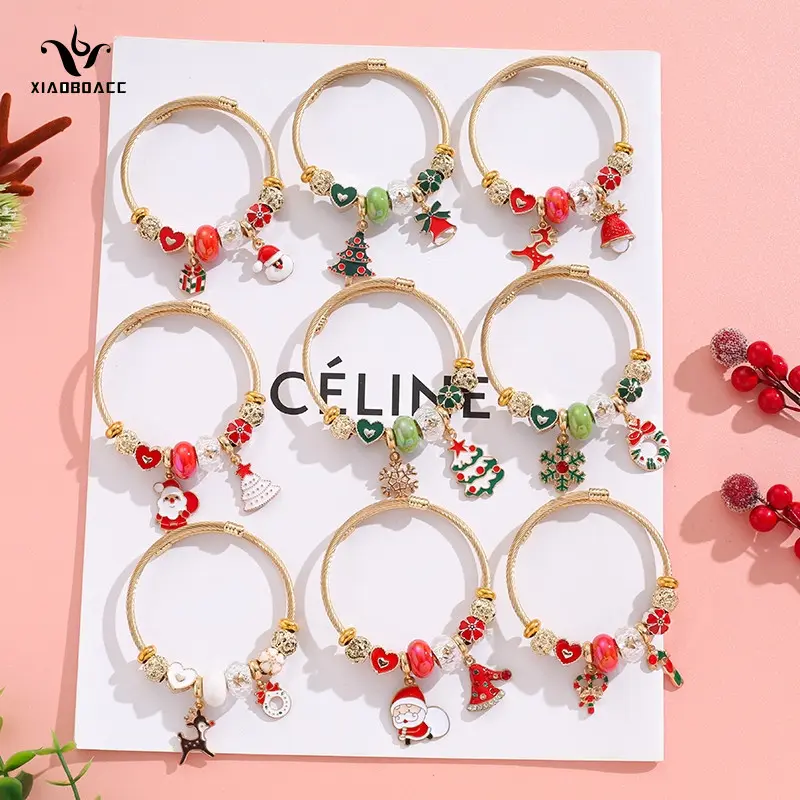 NTT Elegant Christmas-Themed Bracelet Tree Deer & Bell Bead Design Stainless Steel Holiday Jewelry for Women Adjustable Open Design Durable & Rust-Resistant