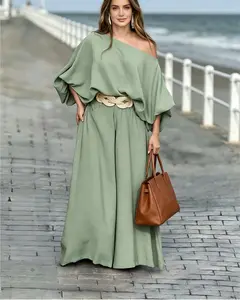 Women's 2026 Summer Minimalist Batwing Off-Shoulder Long-Sleeve 2-Piece Set, Lady's Basic Loose Casual Solid Color Wide-Leg Pants Clothes for Vacation,summervibes
