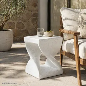 Compact Modern White Marble Outdoor Side Table - Magnesium Oxide (MGO) Speckled Top, Twisted-Base Pedestal, All-Weather, Ready-to-Use Indoor End Table for Home, Patio Decor