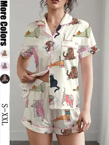 Women's Pajama Set, Cat Print, Short Sleeve Button Down Top, Elastic Shorts, Casual Home Wear, Comfortable Sleepwear, All Seasons
