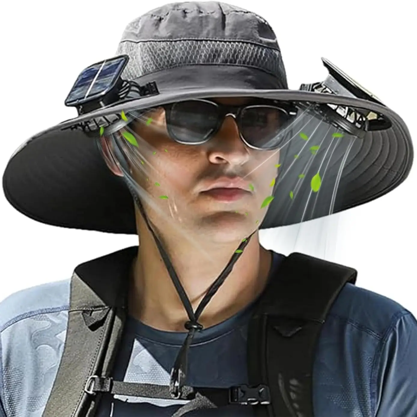 Solar Fan Hat, Wide Brim Solar Fan Outdoor Fishing Hat with 2 Fans Solar Power, Waterproof Outdoor Hiking Camping Fishing Hat Grey