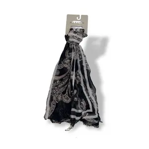 All Saints Lita Black Oblong Scarf Lightweight Paisley Statement Soft Airy Fabric Frayed Edges Unisex Versatile
