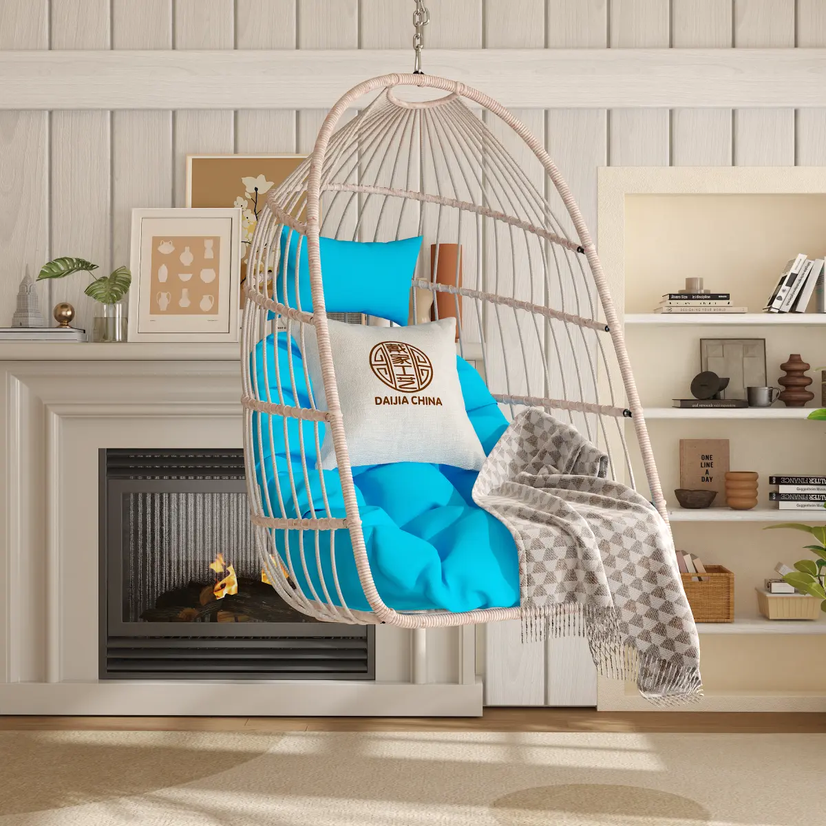 Blue Hanging Cocoon Egg Chair - Patio Outdoor Furniture, Handwoven Foldable PE Rattan Swing, 270LBS Capacity, Solid Weave Finish, Removable Washable Cushion, Easy-Install Iron Stainless Steel Suspension Kit for Patio, Living Room, Folding Chairs