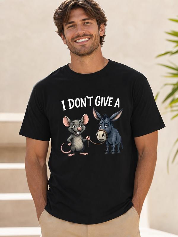 Men's Fitted Crew Neck Shortsleeve Cotton T-Shirt - Menswear Casual Top for Friends Who Love Humor, with Funny Pun, Comedic Slogan, Comic Art, Cartoon Design, Rat & Donkey Graphics, Cold Wash Safe, Medium Length, Great Gift for Friends
