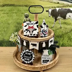 Wooden Farm Themed Decoration, 10pcs/set Cow Pattern Decoration without Tray, Home Decor for Living Room Bedroom Farmhouse