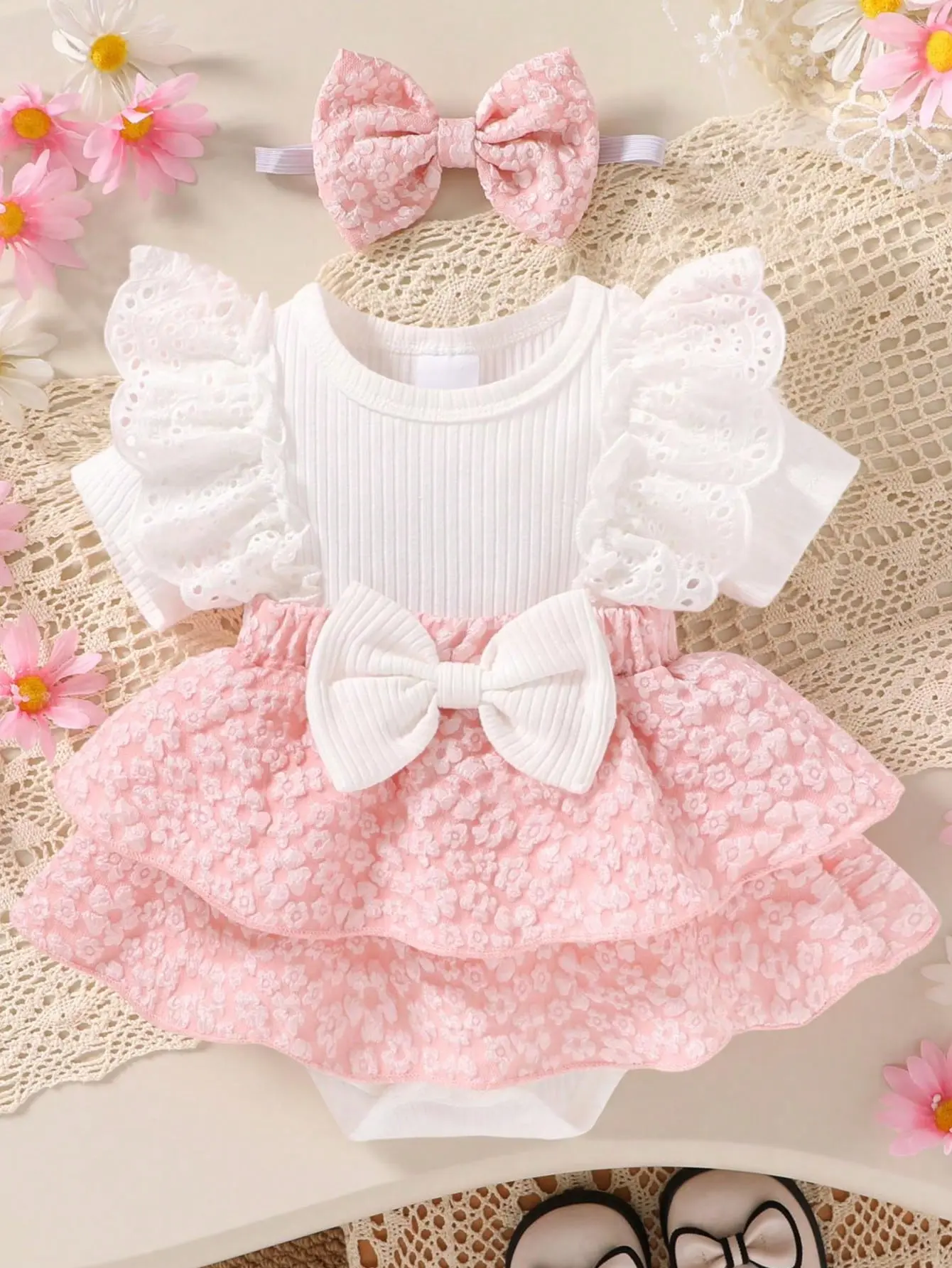 2pcs, Baby Girls Clothes, Casual, Fashion, Soft, Comfortable, Bow-decorated Lace Patchwork Floral Jacquard Cake-style Tiered Ruffled Bodysuit Dress And Headband Set, Newborn Baby Girl Clothes, Summer For Everyday Wear, Vacations, Outdoor Activities summer