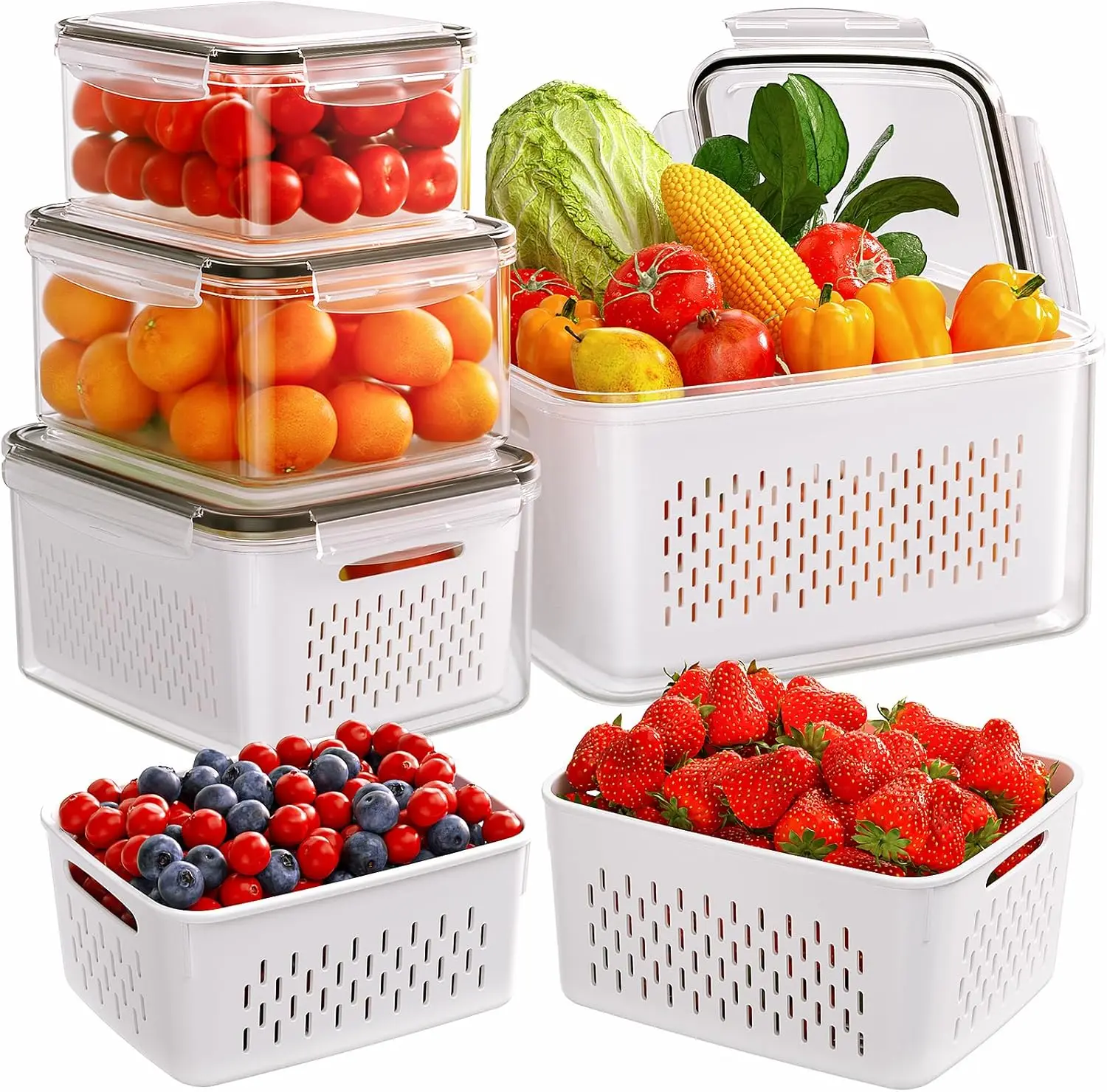 5-Pack Fruit Storage Containers for Fridge with Removable Colanders, 4 in 1 Produce Storage Containers with Lids, Leakproof Fridge Organizer Bins for Salad Berry Lettuce Vegetables Meat Keeper Fresh large airtight food