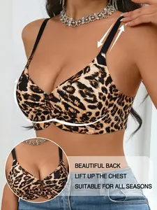 🔥 Women's Leopard Print Spicy Girl Style Bra, Jelly Strip Soft Support Seamless Wireless Lingerie, Push Up Lifting Anti-Sagging Side Fat Control Bra with U-shaped Back Adjustable Straps
