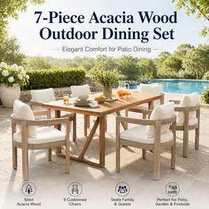 Super Acacia Wood Outdoor Dining Set 7 Piece Patio Table and Chairs with Cream Cushions 6 Chairs Large Table Teak Light White Dining Furniture for Lawn Backyard Garden Deck Poolside Modern Outdoor Furniture Set