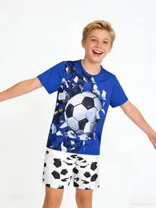 Kids 2 Piece Outfits Soccer Ball 3D Breakthrough Print Boys Summer Short Sleeve T Shirt + Shorts Set Sports Theme Breathable Casual Clothes for School Daily Cool Personality Kids Clothing Sporty School Ready