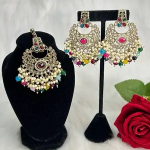 Beautiful Desi Polki Earrings And Tikka Set with  Beads and Rhinestones for Festive Wear