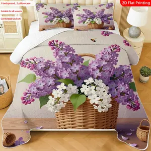 3pcs, 2D Flat Print Romantic Purple Lilac Flower Quilted Bedspread Set with Multiple Sizes Available, Bedding Set, Festive Decorative Bedding, Ideal for Bedroom Décor(1 bedspread , 2 pillowcase)