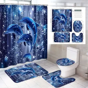 1/4pcs Blue White Dolphin Bathroom Set, Sparkling Crystal Starry Background Shower Curtain, Matching Toilet Seat Cover & Floor Mats, Magical Underwater Theme, Perfect for Ocean Lovers' Bathroom Decor, Ideal for Birthday, Christmas, Halloween Festiv