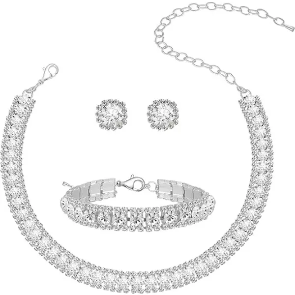 Women's 4-Piece Tennis Crystal Jewelry Set - Sparkling Glam Rhinestone Choker, Bracelet & Teardrop Earrings for Bridal Wedding Events, 4-Pieces, Tennis Crystals campingessentials, Rhinestones, Dinner Party
