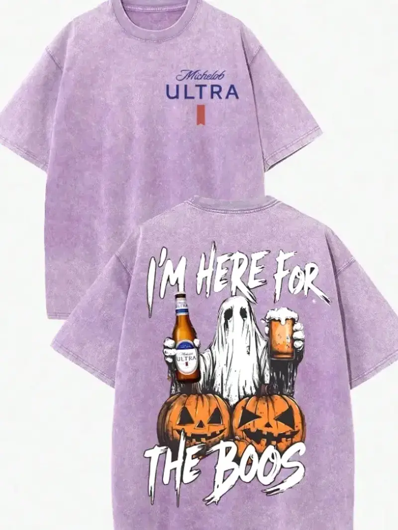 Vintage Acid Wash Oversized T-Shirt Front Michelob ULTRA Logo Back I’m Here For The Boos Ghost Beer Pumpkin Double Print Unisex Soft Light Fabric Spooky Halloween Beer Lover Casual Holiday Gift Tee